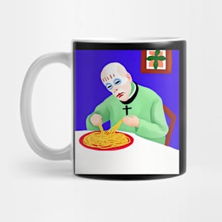 ai generated priest eating spaghetti Mug